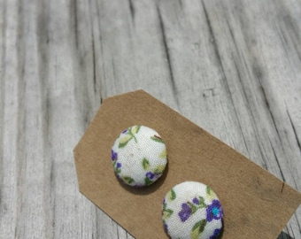 Vintage Inspired White and Lilac Floral Fabric Button Earrings