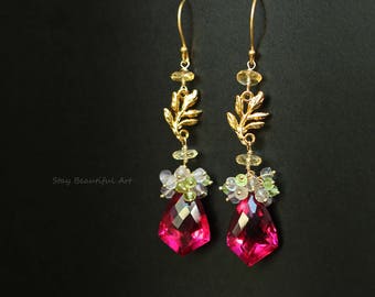 Gemstone Earrings Long Earrings Drop Earrings Pink Earrings Cluster Earrings Gold Earrings Statement Earrings Stone Earrings Pink Jewelry