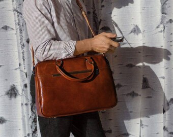 Leather Briefcase, Men's Slim Briefcase, Laptop Bag, Leather Bag, Brown Leather Briefcase, Floto Venezia Slim (878BROWN)