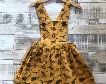 Dinosaur Dress - Girls Pinafore Dress - Girls Dungaree Dress - Yellow Corduroy Dress - Handmade Corduroy Pinafore - Baby Pinafore