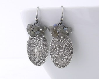Labradorite Earrings Boho Earrings Silver Earrings Gray Gemstone Cluster Earrings Unique Handmade Jewelry - Lily