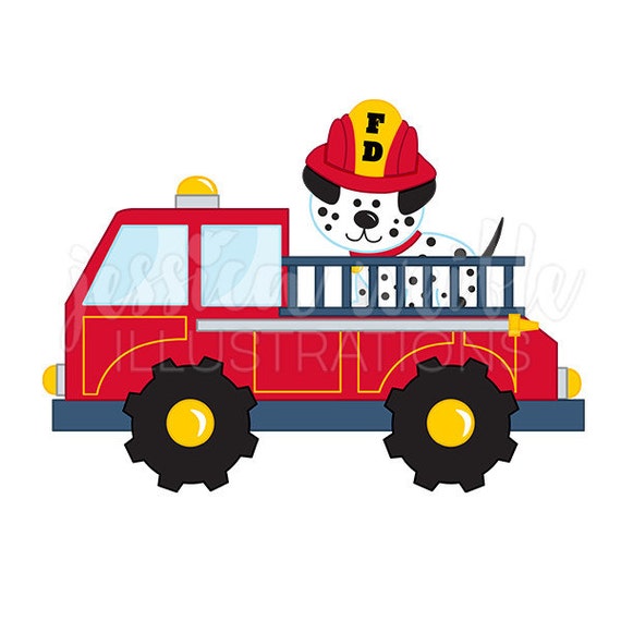 Fire Truck with Dalmatian Cute Digital Clipart Fire Truck