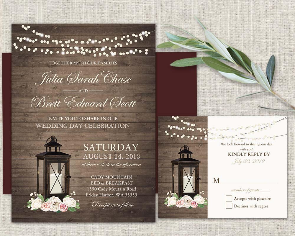 Rustic Lantern Wedding invitations Set Printable Lantern