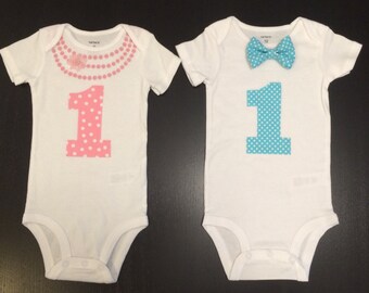 Twins First Birthday Bowtie Necklace Bodysuits
