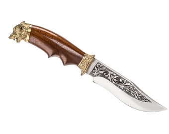 Wolf Hunting Knife Fixed Blade - Animal Design - Stainless Steel - Hand Forged for Camping, Skinning - Gifts for Men