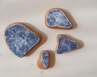 Set of 4 blue sea pottery,Italian Genuine Beach Pottery, Mosaic Pieces, Sea Pottery, Beach Finds, Craft Supplies.