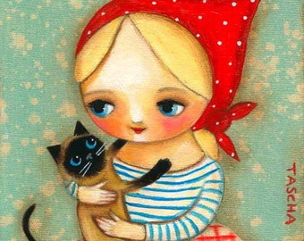 Siamese cat and Babushka PRINT cute cat folk art painting by Tascha