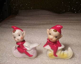 Vintage Hand Painted Set of Christmas Pixie Elves Sitting on Boots Figurines