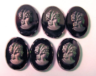 6 Vintage German Glass Hematite Lady Cameos 18X13 mm Oval