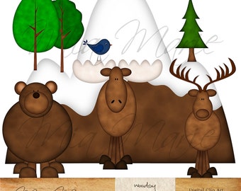 INSTANT DOWNLOAD - Digital Clip Art - Bear Clipart, Bear Clip Art, Moose Clipart, Moose Clip Art, Deer Clipart, Deer Clip Art, Bird Elk Tree
