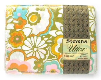 RESERVED Mod Floral BED Sheet / Stevens Utica / Summer Bouquet Floral / Queen Flat Sheet / Original Package / USA / 100% Cotton / Sixties