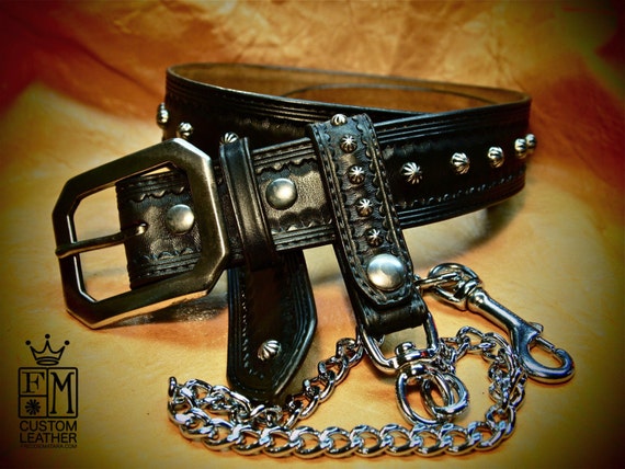 Black Leather Belt and Wallet chain Custom Made Hand Tooled vintage look handmade for YOU in New York by Freddie Matara