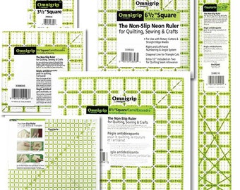 Omnigrip ruler, for quilt, Transparent, neon green double-sight lines that seem to glow on both light and dark fabrics. Non-slip backing.
