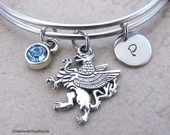 Griffin Bangle Personalized Hand Stamped Initial Birthstone Antique Silver Griffin Charm Stainless Steel Expandable Bangle Bracelet