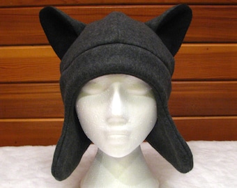 Gray Wolf Ear Hat - Dark Grey Fleece Animal Hat with Ear Flaps by Ningen Headwear