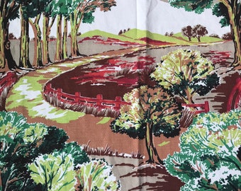 Vintage 50s Barkcloth Fabric 1950s Mid Century Markwood Rural Tree Lined Winding Hills Country Road
