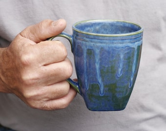 16 oz Mug, Ocean Blue Green Drip Mug, Etched Stripes, Blue Green, Natural Patina High Fire Stoneware, Hand Painted, Ready To Ship
