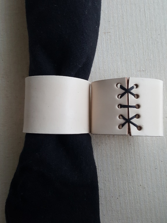 Black & White Leather Napkin Rings Hand Stitched Lace ~ Intimate Dining ~ Set of Four Napkin Holders ~ Wedding Table ~ Kitchen Table Decor