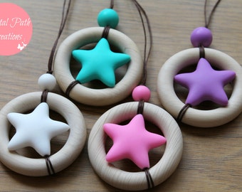 Wooden teething ring and silicone bead, baby-friendly nursing necklace. 'MARS' Available in 4 colours.