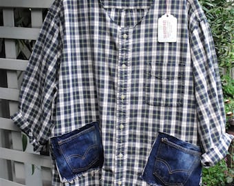 Garden Smock/ Navy Plaid Cotton/ Restructured Shirt/ 2X Cotton Smock/ Denim Trim Smock/ Upcycled Plus Size Shirt/ Sheerfab Handmade