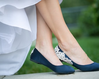 Wedding Flats,Navy Blue Wedding Shoes,Ballet Flats,Bridal Flats,Navy Flats,Blue Flats,Navy Satin Flats,Bride,Bridal Shoes with Ivory Lace