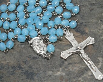Czech Glass Rosary in Aqua Opal, 5 Decade Rosary, Catholic Rosary, March Rosary, Birthstone Rosary