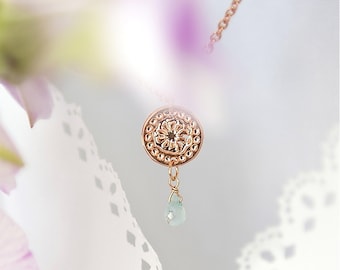 Rose Gold necklace with Aquamarine, Thin chained necklace, FLower jewelry, Aquamarine jewelry, Modern necklace, Minimal necklace