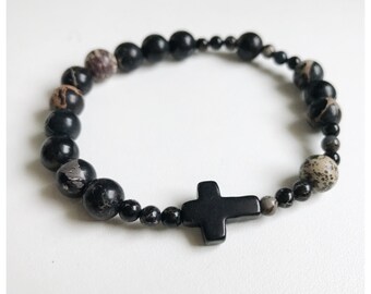Black Jasper Cross Bracelet / Stretch Rosary Bracelet/ Jasper Cross Bracelet