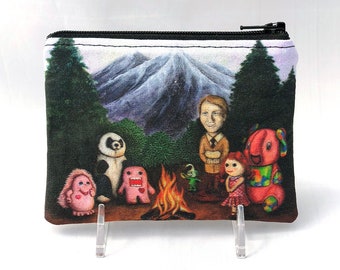 Campfire of Misfit Toys- Small Zipper Pouch - Surreal Landscape with campfire and curious toys - Art by Marcia Furman