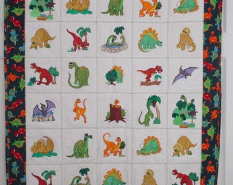 Machine Embroidered Baby Quilt, Crib Quilt, Baby Blanket, Handmade Baby Quilt - Adorable Dinosaurs - approx 36" x 42"