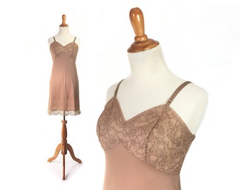 Brown Slip, Vintage Slip, 32 Full Slip, 1950s Slip, Lace Slip, Mocha Slip, Vintage Lingerie, Small Slip, XS Slip