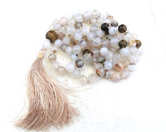 Mala Beads For Concentration, Tiger Eye Mala Necklace, Creamy White Agate Mala, 108 Mala Bead Necklace, Solar Plexus Chakra Mala