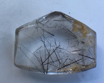 Clear Rutilated quartz freeform cabochon with manganese needle inclusions