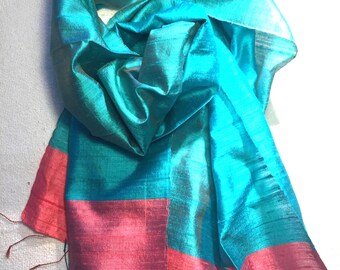 Pure silk scarf aqua silk scarf turquoise silk scarf teal blue silk scarf and pink silk scarf handwoven silk scarf silk head scarf