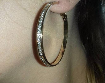 Rhinestone Gold-plated Big Circle Hoop Earrings | Gold-plated Rhinestone Earrings | Black Gun-plated Hoop Earrings