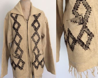1950's Cream Wool Mexican Jacket Size Medium Large by Maeberry Vintage