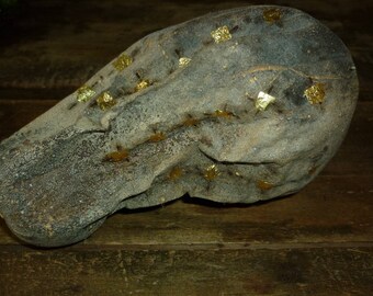 Pear shaped, woodburned with collage, wrinkled coloquinte