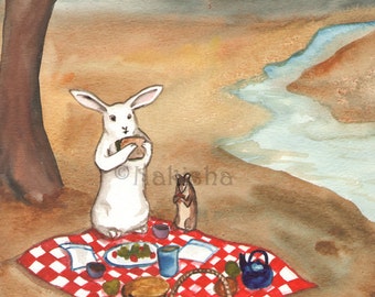 Original Watercolor Rabbit Painting - The Picnic