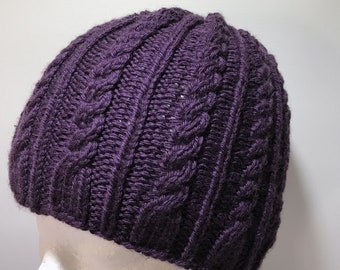 Hand Knitted Purple Australian Merino Cabled Skull Cap