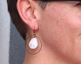 Ice Flake Quartz Hoop Earrings in Brass