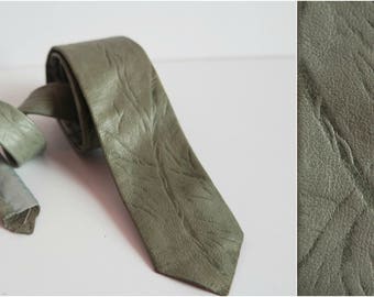 Vintage Gray Leather Skinny Tie, Gray Leather Necktie, 1980s