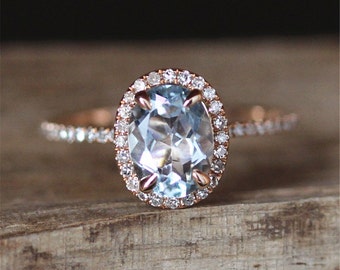 VS 6*8mm Oval Cut Aquamarine Ring Stackable Ring 14K Rose Gold Ring Aquamarine Engagement Ring Gemstone Ring March Birthstone Ring