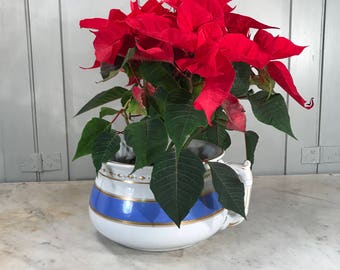 Antique ceramic china white with blue stripe chamber pot potty or planter