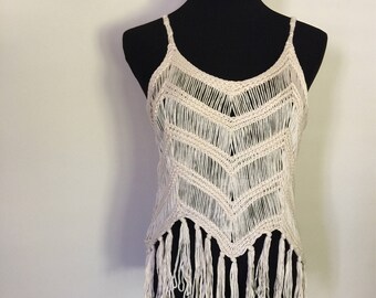 Boho style tank top with fringe, beige color, one size fits most XS S M