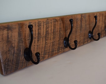 Reclaimed Barn Wood Coat Towel Rack 4 Hooks (choice antique brass bronze black shaker oil rubbed) Rustic Distressed Barnwood Foyer Bathroom