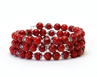 Red Coral Gemstone Memory Wire Bracelet
