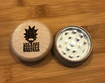 engraved rick lets get riggity wrecked wooden grinder metal morty