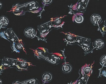 Motorcycle's with Flames on black Cotton Quilt Fabric Elizabeth's Studio 281.