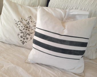 French Grainsack White Linen Pillow with Black Stripes Farmhouse/Beach Cottage/Coastal/Lakehouse