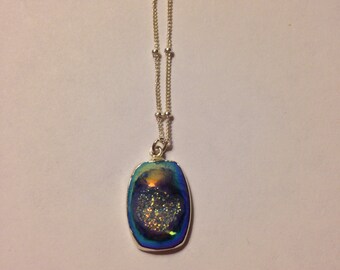 Titanium Druzy Rainbow Pendant Edged in Sterling Silver